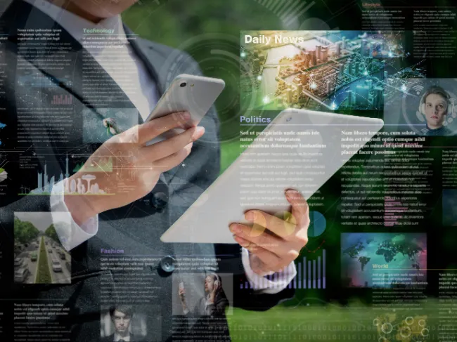 man looking at news on tablet